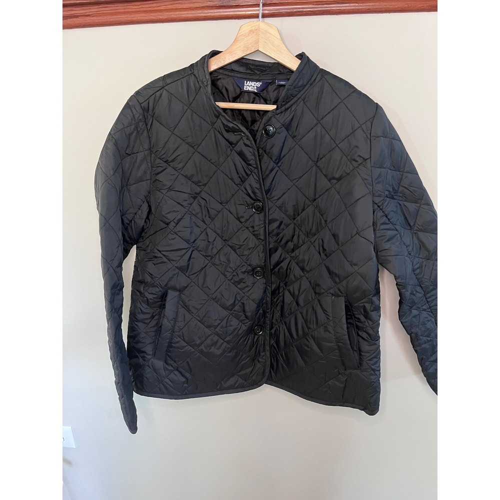 Lands End Womens Black Quilted Diamond Stitch Button Front Jacket Large RN168874